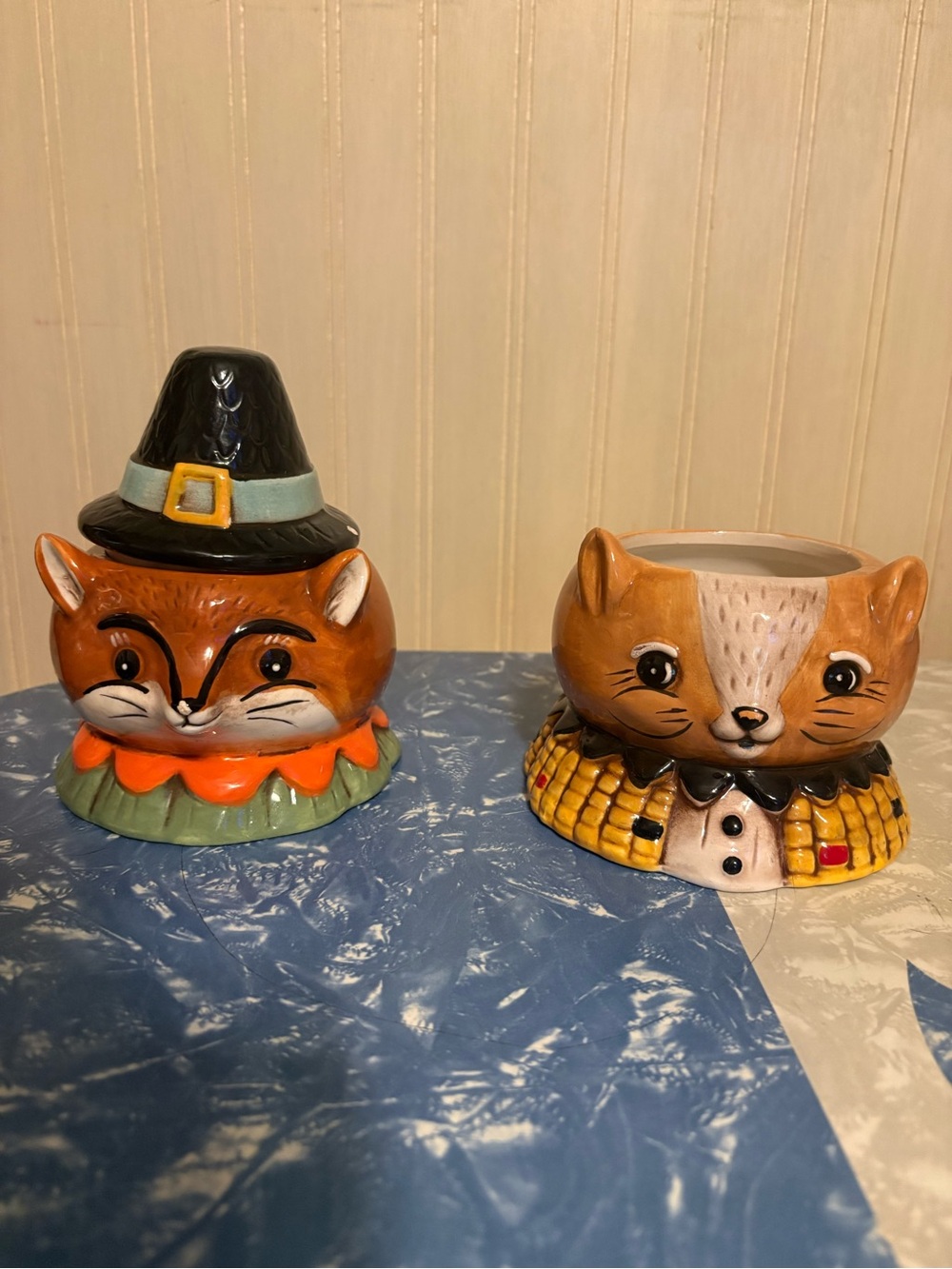 Set of 2 Transpac Johanna Parker Thanksgiving Critter Ceramic Bowls Squirrel Fox